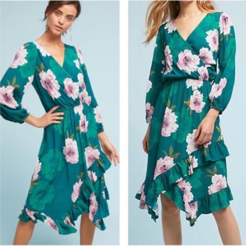 Anthropologie Plenty Tracy Reese Aleah Green Floral Ruffle Hem Dress XL NWT